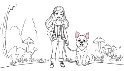 Placa de color de una chica de dibujos animados y su perro en un campo con setas.