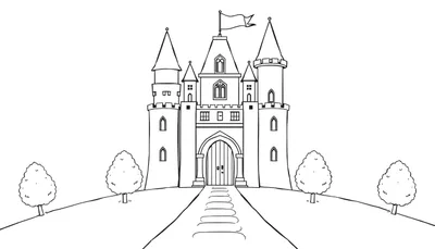 Placa de color de un castillo de cuento de hadas en blanco y negro en la cima de una colina con una bandera ondeando.