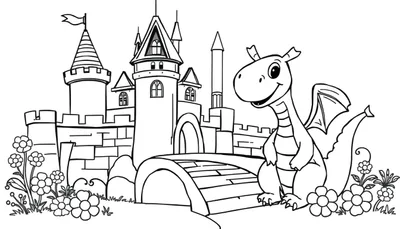Una página para colorear de un castillo de cuento de hadas con un dragón sonriente, lista para colorear con placa de color.