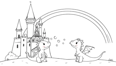 Placa de color de un castillo de cuento de hadas con dos dragones amigables y un arcoíris.