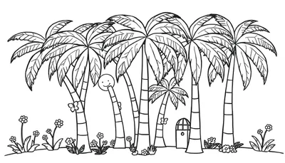 Placa de color de un paisaje tropical con palmeras y un personaje de dibujos animados.