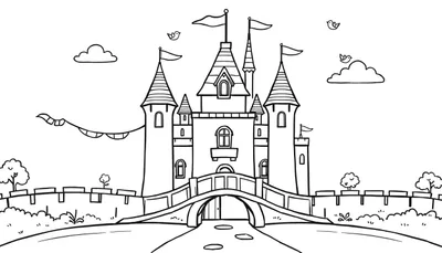 Placa de color de un castillo de cuento de hadas con un puente y banderas.