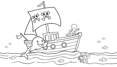 Una ballena amigable saluda a un barco pirata en una página para colorear de placa de color.
