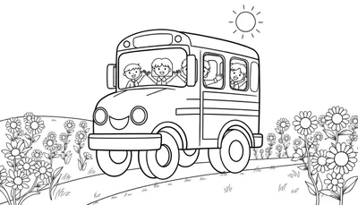 Autobús escolar de dibujos animados en un campo de flores, listo para colorear, con niños saludando.