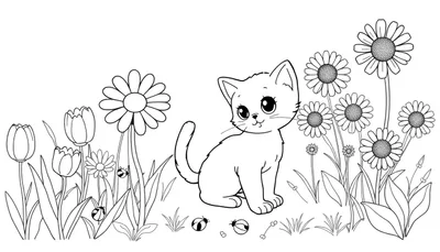 Placa de color de un gatito juguetón en un jardín de flores.