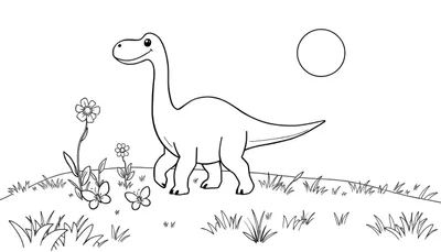 Placa de color de un dinosaurio amigable paseando bajo el sol.