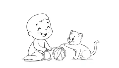 Un personaje de Toca Boca jugando con un gatito con un ovillo de lana, listo para colorear en esta placa de color.