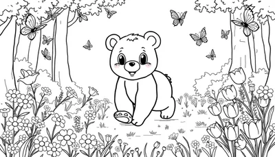 Osito de peluche de dibujos animados sonriendo en un campo de flores, página para colorear en blanco y negro con mariposas y árboles, placa de color.
