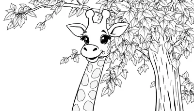 Placa de color de una jirafa amigable comiendo hojas de un árbol.