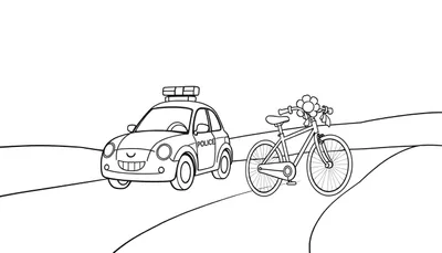 Un coche de policía sonriente y una bicicleta florida en un camino de colinas monocromático, como página para colorear con placa de color.