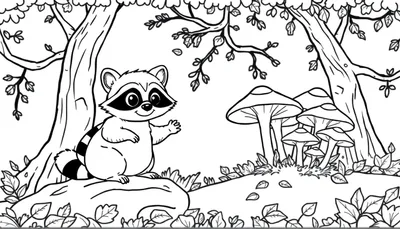 Un mapache amigable sentado en una roca en un bosque para colorear, junto a árboles y hongos, listo para ser coloreado en una placa de color.