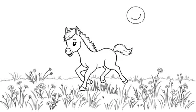 Un lindo potrillo corriendo en un prado verde lleno de flores, listo para colorear en blanco y negro, con un sol sonriente. Placa de color.