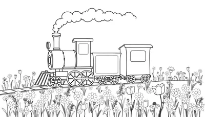Una placa de color de un tren de vapor amigable con humo que viaja por un campo de flores.