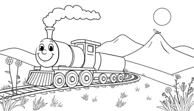 Un tren de vapor amigable de dibujo lineal para colorear, con vapor saliendo, viajando por un paisaje montañoso con un pájaro en una montaña, una luna y flores en primer plano. Placa de color.