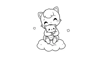 Página para colorear de un bebé con orejas de gato en una nube con un osito de peluche, estilo de dibujos animados en blanco y negro.