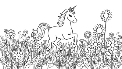 Placa de colorear de un unicornio amistoso galopando por un prado de flores.