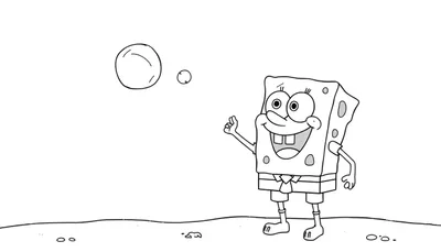 Bob Esponja sonriente haciendo un gesto de aprobación con una mano, con dos burbujas flotando a su lado en un dibujo lineal en blanco y negro.