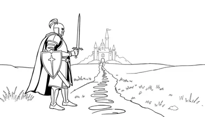 Un caballero valiente de armadura brillante listo para la aventura en una página para colorear de placa de color.