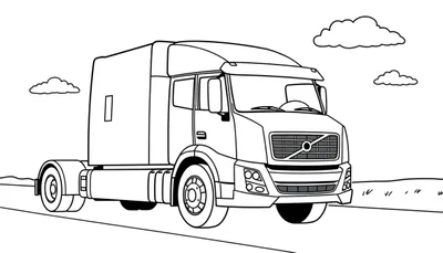 Un camión grande Volvo en blanco y negro, listo para colorear con la placa de color, bajo un cielo nublado y un campo.
