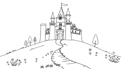 Un castillo en blanco y negro con torrecillas, un camino y flores, listo para colorear con una placa de color.