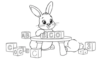 Un conejo jugando con bloques de construcción con letras y números en una placa de color.