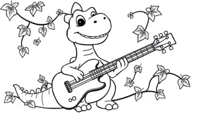 Un dinosaurio tocando la guitarra con plantas de hiedra, diseño de placa para colorear.