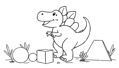 Un dibujo lineal de un estegosaurio amigable con placas en la espalda, jugando con formas geométricas, incluyendo un cubo y esferas, en un paisaje con plantas y una forma piramidal truncada. La placa de color está representada en las placas del dinosaurio.