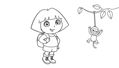 Página para colorear de Dora la Exploradora con su mochila y botas, y un mono feliz en una rama.
