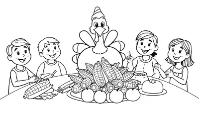 Una página para colorear en blanco y negro de un pavo sonriente con un sombrero festivo rodeado de niños y una mesa llena de comida, incluyendo maíz y pasteles.
