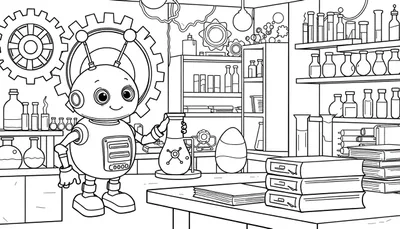 Un robot amigable sostiene un matraz en un laboratorio, con una placa de color para la imaginación.