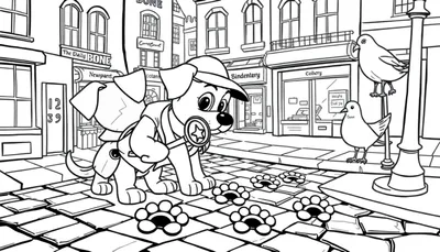 Perrito detective usando una lupa en una calle de ciudad