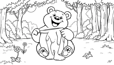Un dibujo lineal en blanco y negro de un oso de peluche amigable sosteniendo una olla de miel que gotea, rodeado de elementos del bosque. Placa de color.
