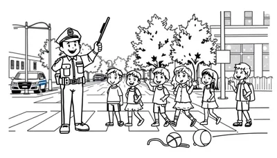 Un policía con su placa de color ayudando a niños a cruzar la calle.