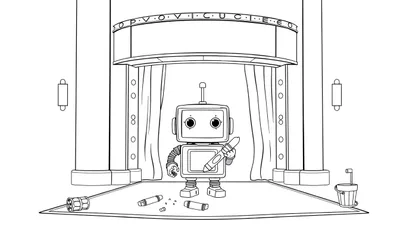 Un robot con un crayón en un escenario, rodeado de columnas, con la palabra PROVOCUE encima. Hay cortinas detrás y crayones en el suelo.