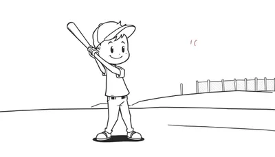 Un niño sonriente con un bate de béisbol y una placa de color en un campo.