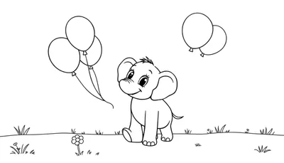 Elefantito amigable jugando con globos, página para colorear en blanco y negro, estilo infantil.