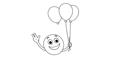 Un emoji feliz con una placa de color sonriendo y sosteniendo tres globos.