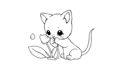 Un gatito chibi dibujado a mano en blanco y negro, oliendo una flor, listo para colorear con la placa de color.