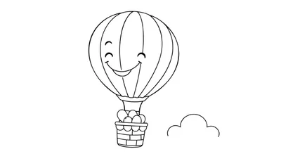 Un globo aerostático sonriente con una cesta llena de huevos, listo para colorear, con una nube amigable al lado. Página de colorear de la placa de color.