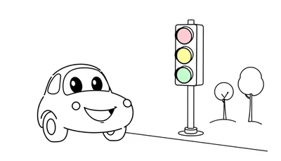 Un coche de dibujos animados amigable con ojos grandes y una sonrisa esperando junto a un semáforo en blanco y negro, con dos árboles simples al fondo. Todo sobre una placa de color blanco.