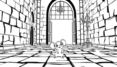 Un ratoncito alegre explora un pasillo de castillo en blanco y negro, listo para colorear en una placa de color.