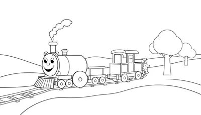 Placa de color de un tren de vapor amigable con un oso de peluche.