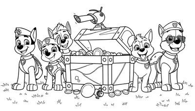 Página para colorear de la Patrulla Canina con un cofre del tesoro y cañón, lista para añadir color.