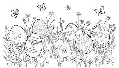 Placa de color de huevos de Pascua decorados en un prado con mariposas.