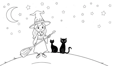 Placa de color de una brujita amigable con su gato negro en una noche estrellada.