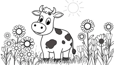 Placa de color de una vaca de dibujos animados con flores y sol.