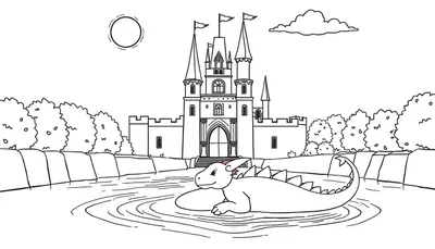 Una página para colorear de un castillo mágico con un dragón amigable durmiendo en un foso de agua. Placa de color.