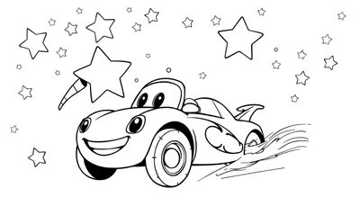 Un coche de carreras amigable sonriendo y persiguiendo una estrella fugaz en un cielo estrellado, para colorear. Este diseño en placa de color es perfecto para los más pequeños.