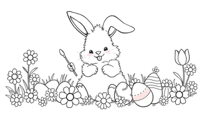 Placa de color: un conejito de Pascua pintando huevos en un jardín.