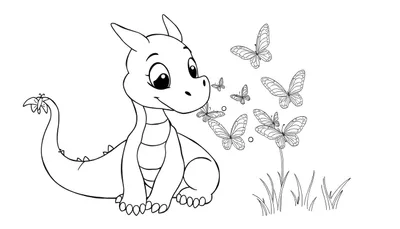 Placa de color de un dragón bebé amigable con mariposas.